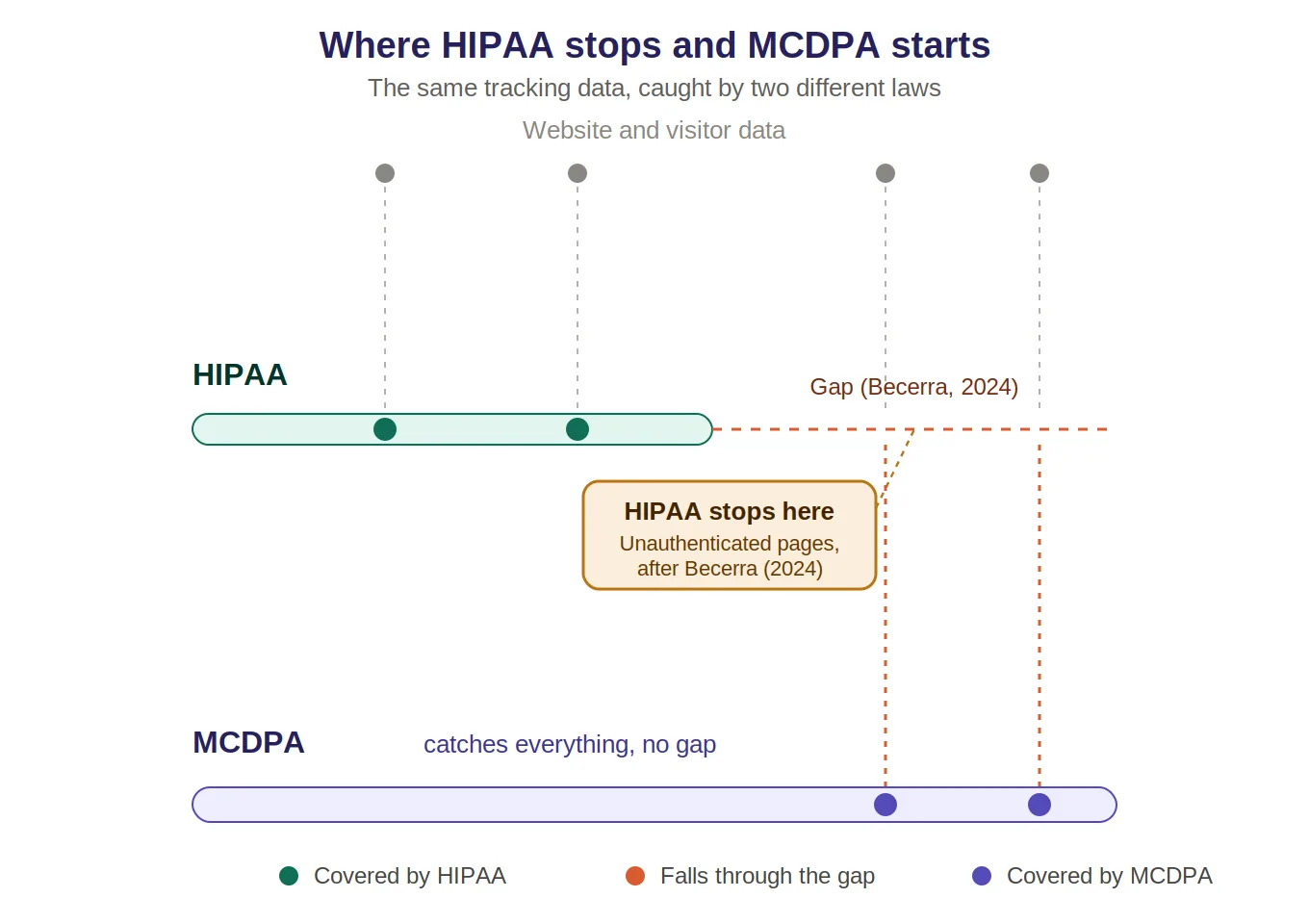 Diagram showing website tracking data falling through a gap in HIPAA's coverage, where unauthenticated pages are excluded after the Becerra ruling, and landing in Minnesota's Consumer Data Privacy Act, which has no such gap.