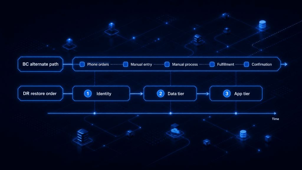 Side-by-side timeline comparing a continuous BC alternate path with numbered DR restore steps for identity, data tier, and app tier.