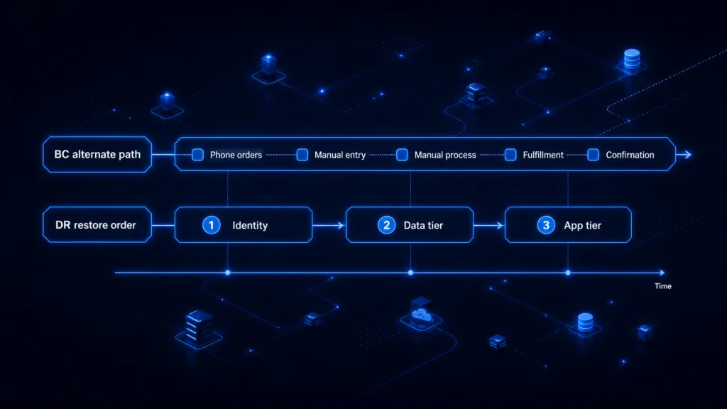Side-by-side timeline comparing a continuous BC alternate path with numbered DR restore steps for identity, data tier, and app tier.
