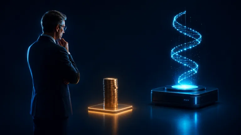 IT leader evaluating BMC Helix pricing, represented by stacked coins and a digital helix platform.