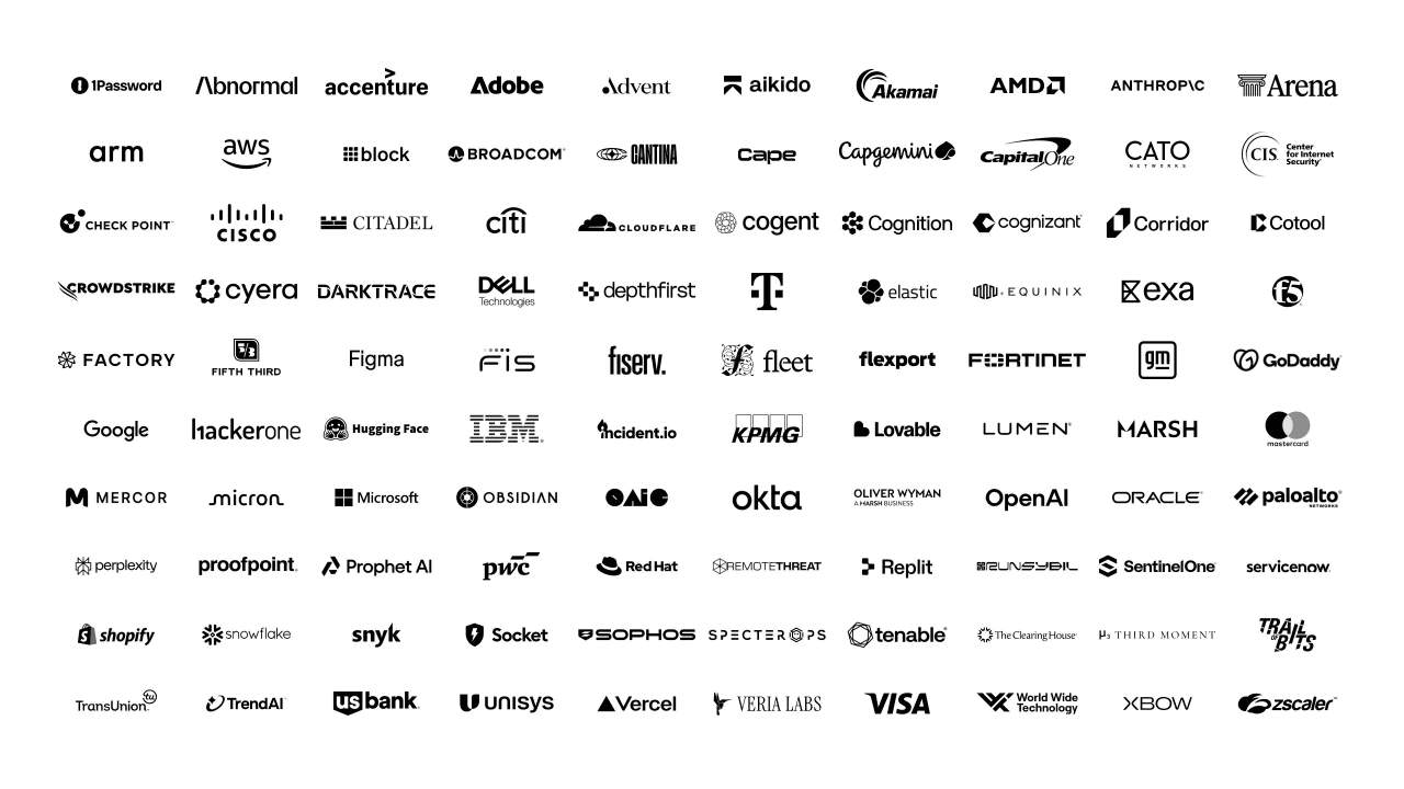 Logos of more than 100 technology, cybersecurity, finance, and infrastructure organizations supporting collective cyber defense.