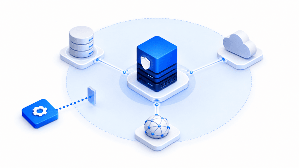 A live dependency map shows the systems connected to a protected server before a cybersecurity change is applied.