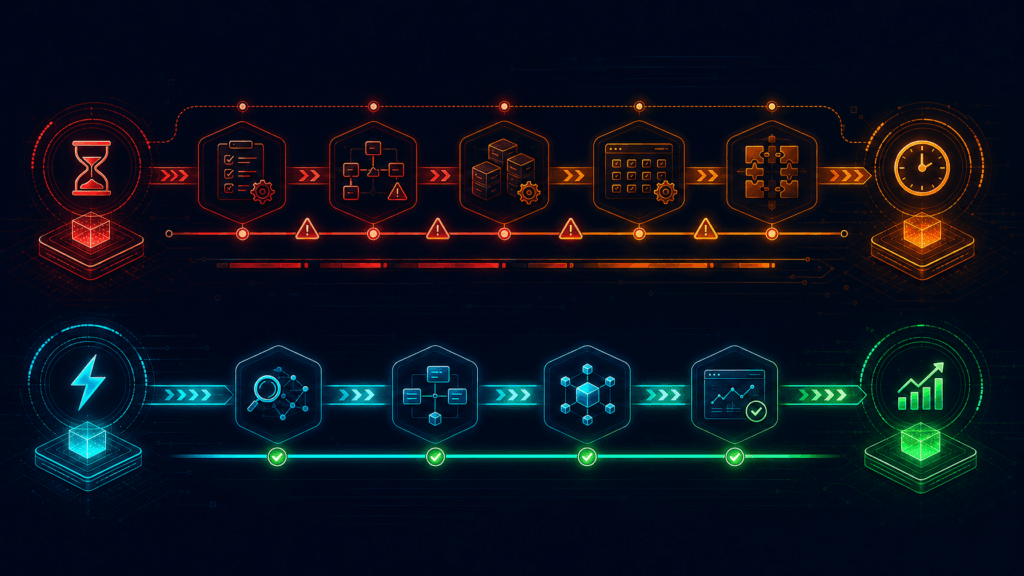 Deployment timeline chart comparing multi-quarter enterprise software implementation against rapid multi-source asset discovery and automated dependency mapping.