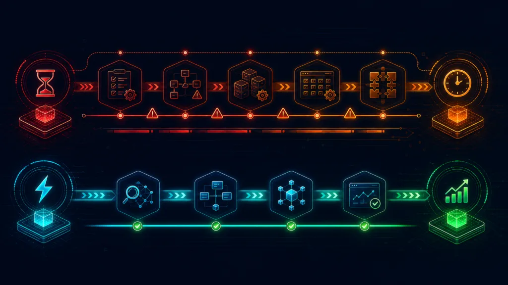 Deployment timeline chart comparing multi-quarter enterprise software implementation against rapid multi-source asset discovery and automated dependency mapping.
