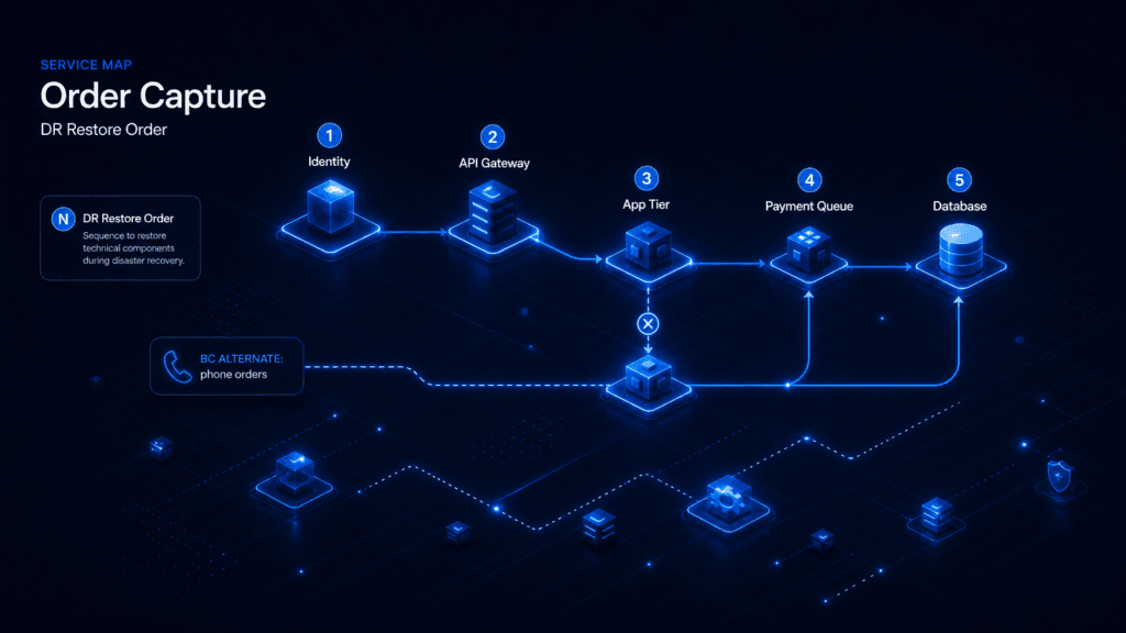 Order Capture service map showing identity, API gateway, app tier, payment queue, and database with numbered DR restore order and a BC alternate phone-orders path.