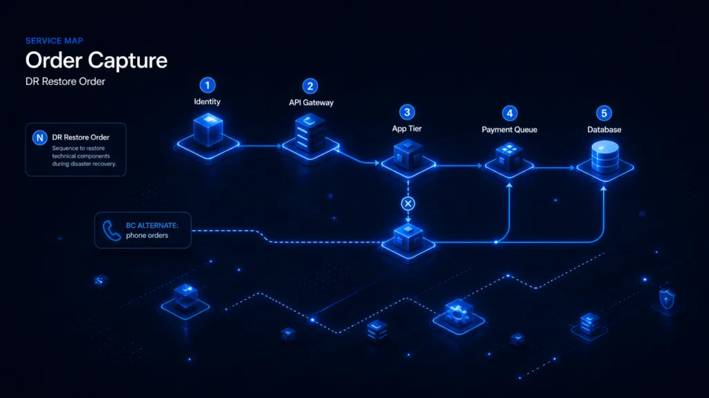 Order Capture service map showing identity, API gateway, app tier, payment queue, and database with numbered DR restore order and a BC alternate phone-orders path.