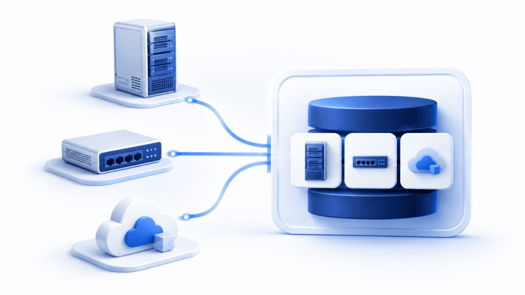 Legacy, network, and cloud resources feeding a shared CMDB inventory.