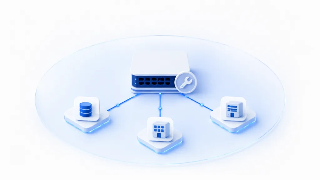 A network switch under maintenance with three mapped dependent services inside its impact radius.