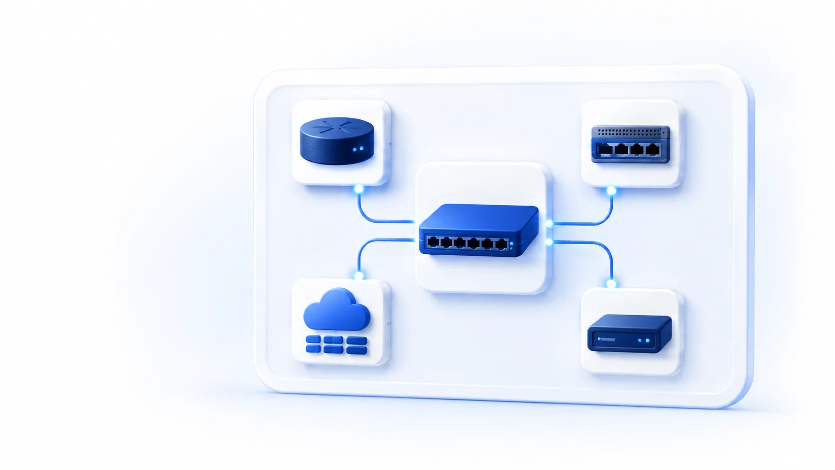 A central network switch connected to four network elements in a relationship-aware CMDB.