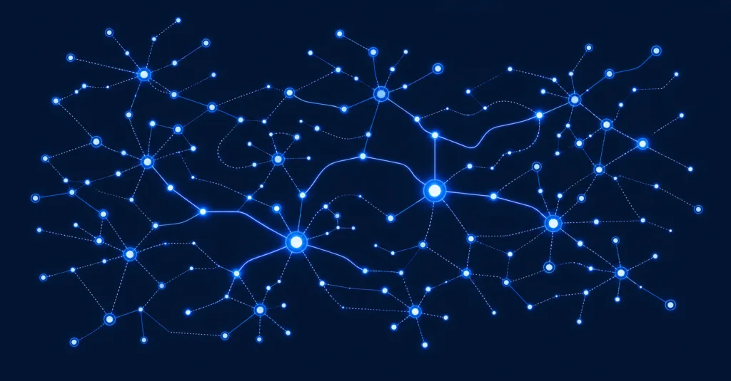 Interconnected asset dependency network with glowing nodes used to prioritize vulnerability remediation.
