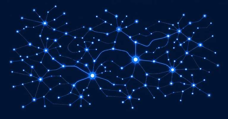 Interconnected asset dependency network with glowing nodes used to prioritize vulnerability remediation.