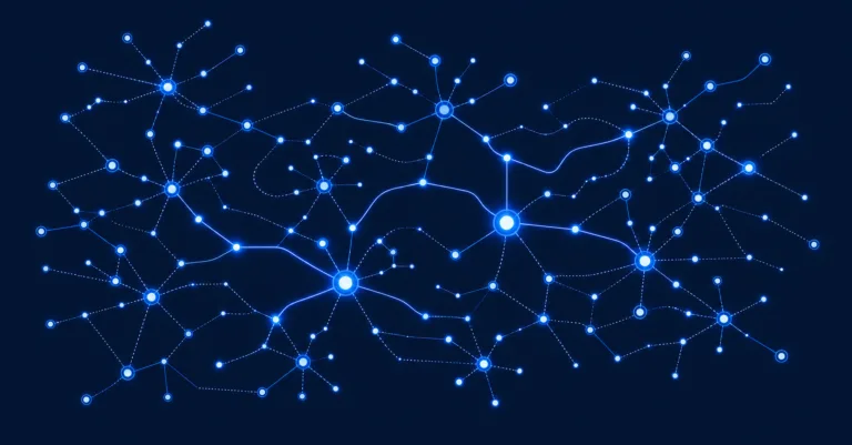 Interconnected asset dependency network with glowing nodes used to prioritize vulnerability remediation.