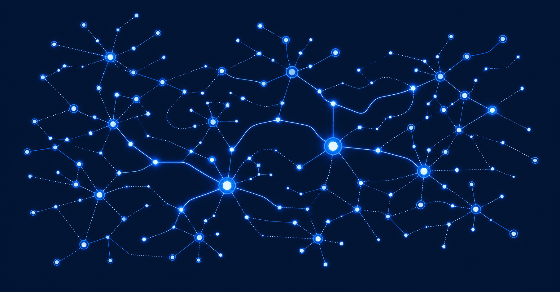 Interconnected asset dependency network with glowing nodes used to prioritize vulnerability remediation.