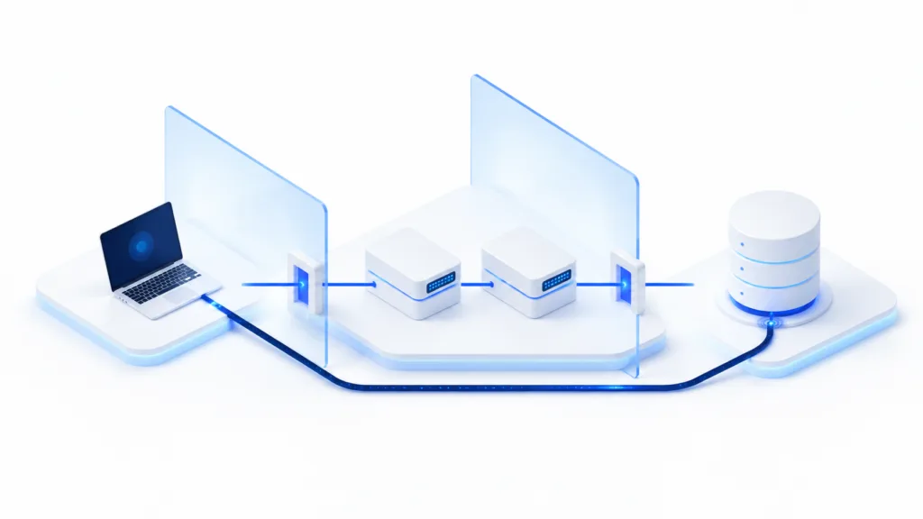 A live dependency map connects cloud, endpoint, server, and database assets through controlled security gates.
