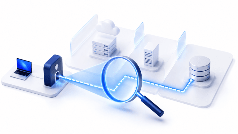 Zero trust network segmentation with a magnifying glass revealing a hidden communication path between protected systems.