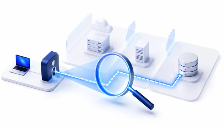 Zero trust network segmentation with a magnifying glass revealing a hidden communication path between protected systems.