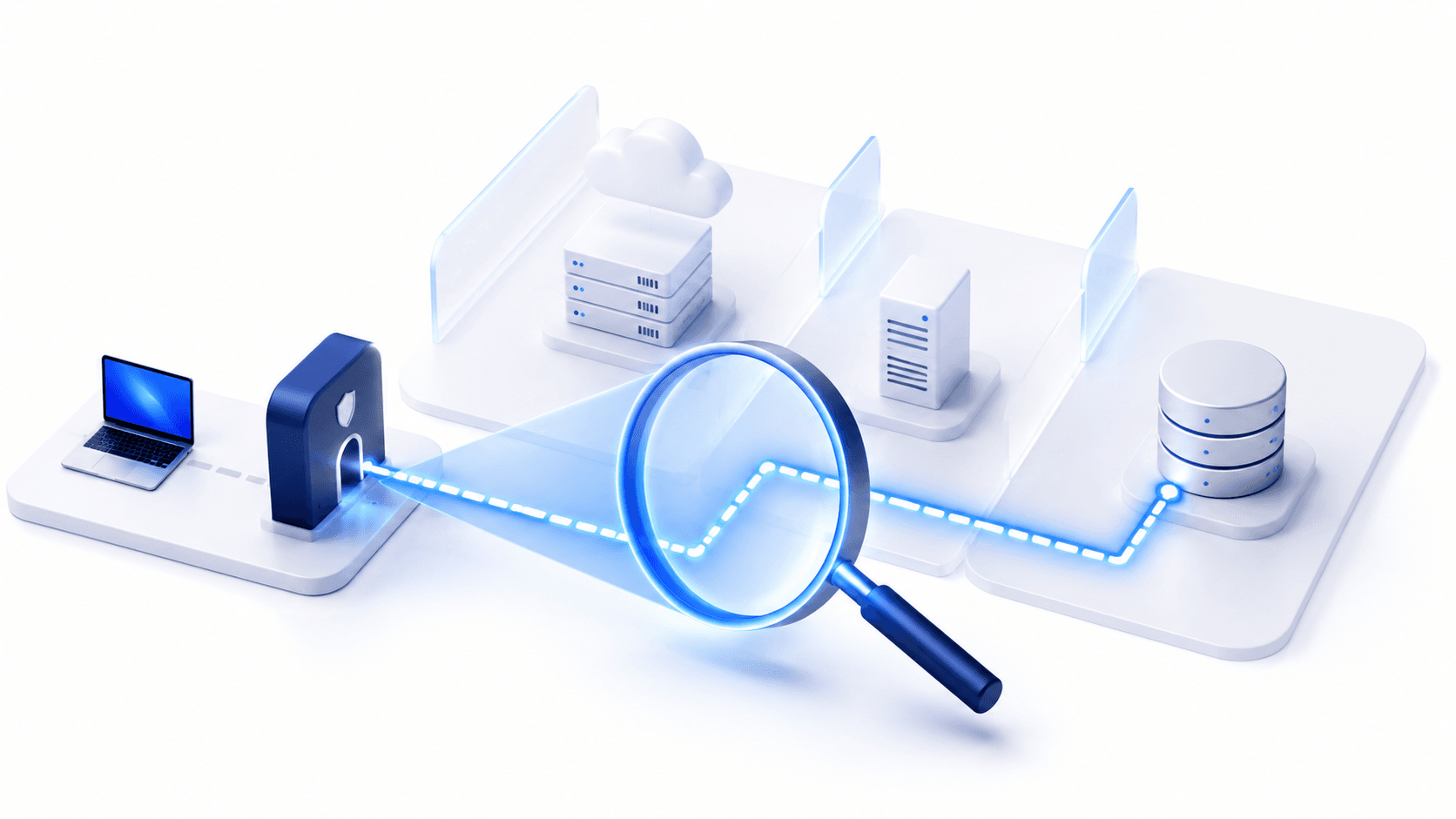 Zero trust network segmentation with a magnifying glass revealing a hidden communication path between protected systems.