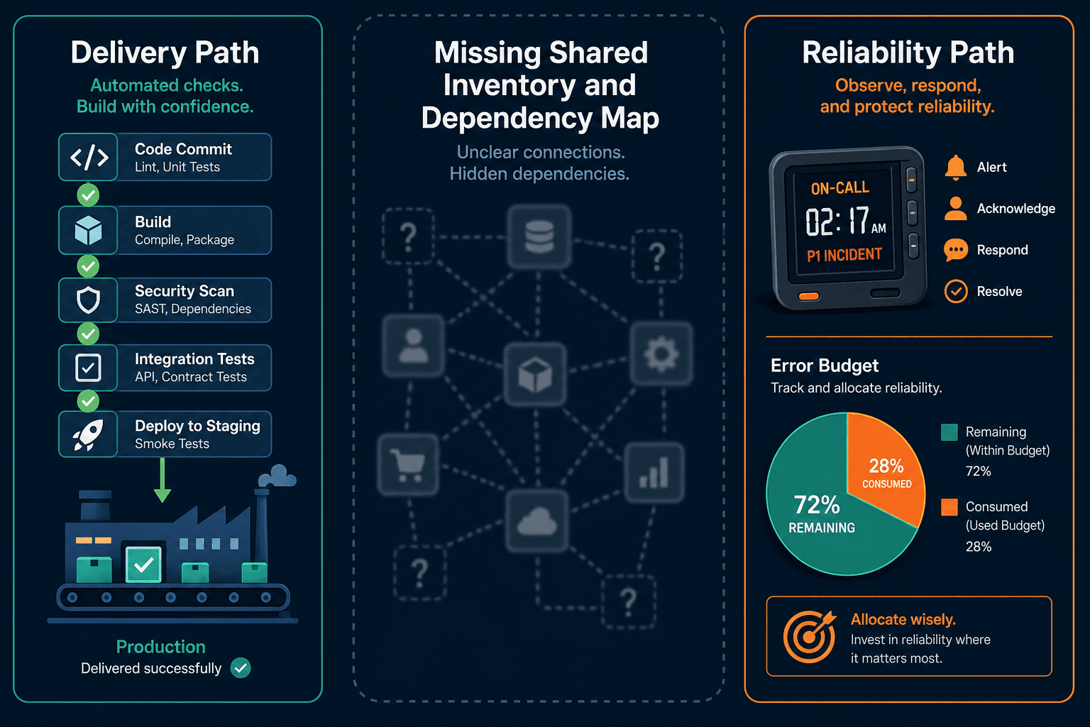Split Panel Left Labeled Delivery Path — Devops Vs Sre Both Practices Fail Missing Piece