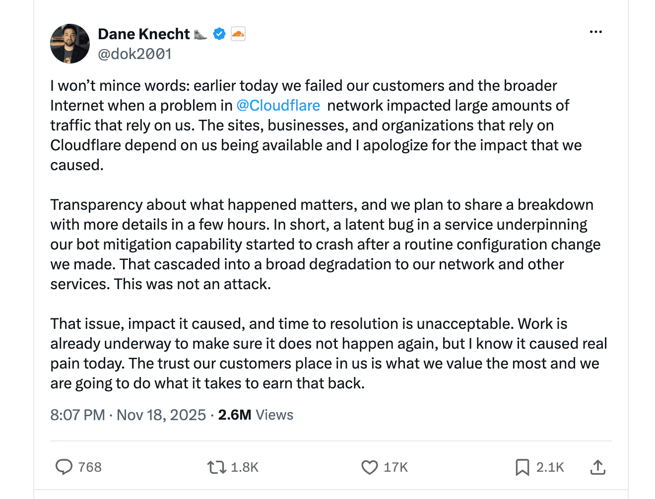 Cloudflare's CTO's post on X regarding Cloudflare outage in 2025
