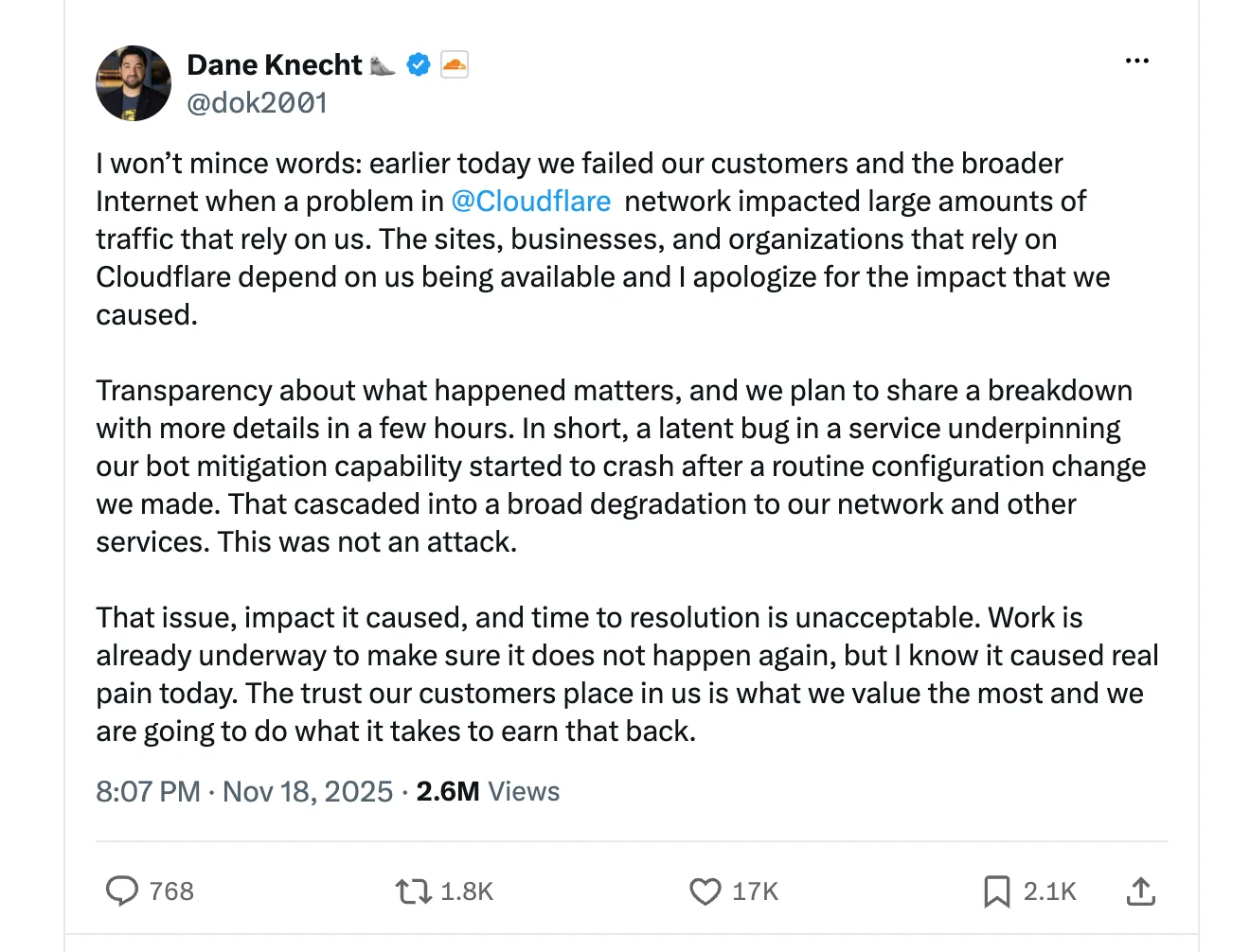 Cloudflare's CTO's post on X regarding Cloudflare outage in 2025