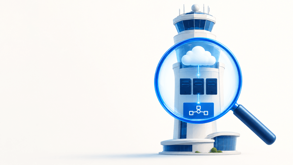 Magnifying lens reveals cloud, server, and application dependencies inside an airport control tower.
