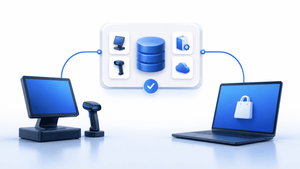 POS equipment and an e-commerce laptop connected to a centralized IT asset inventory.