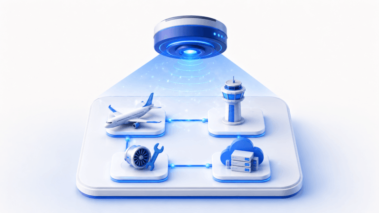 Automated discovery scanner reveals connected airline assets, including an aircraft, control tower, maintenance, and cloud systems.