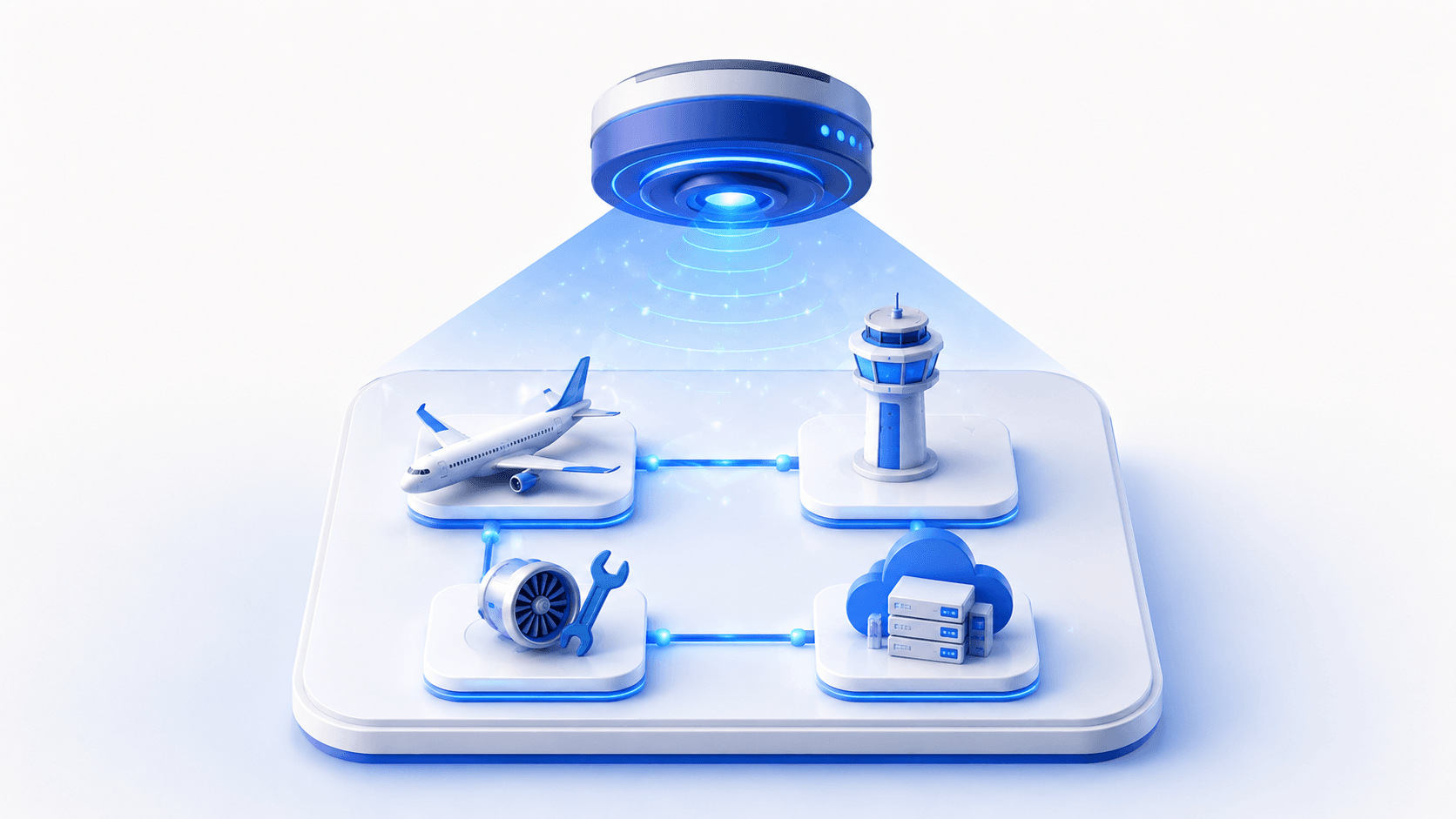 Automated discovery scanner reveals connected airline assets, including an aircraft, control tower, maintenance, and cloud systems.