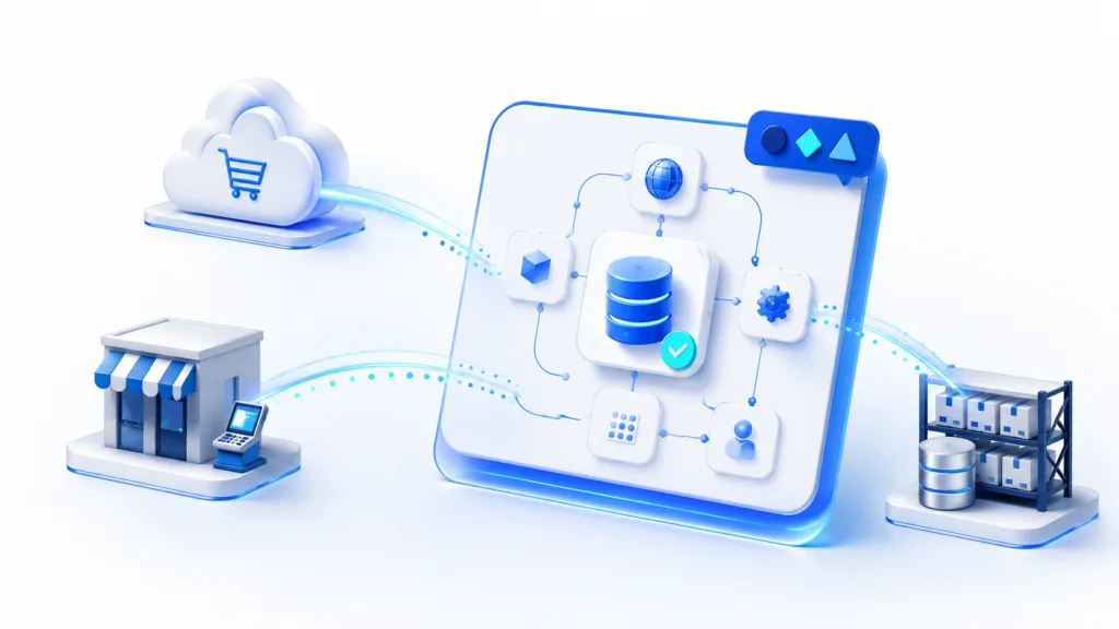 Cloud commerce, store POS, and warehouse systems feeding a discovery-sourced retail service map.