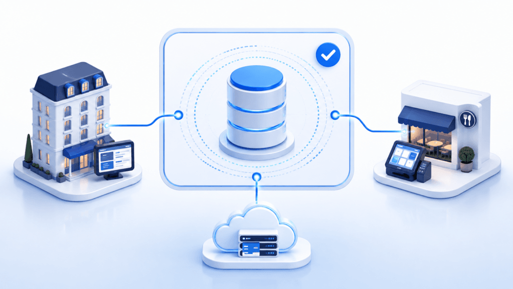 Hotel, restaurant POS, and cloud systems connected to a centralized discovery-sourced service map.