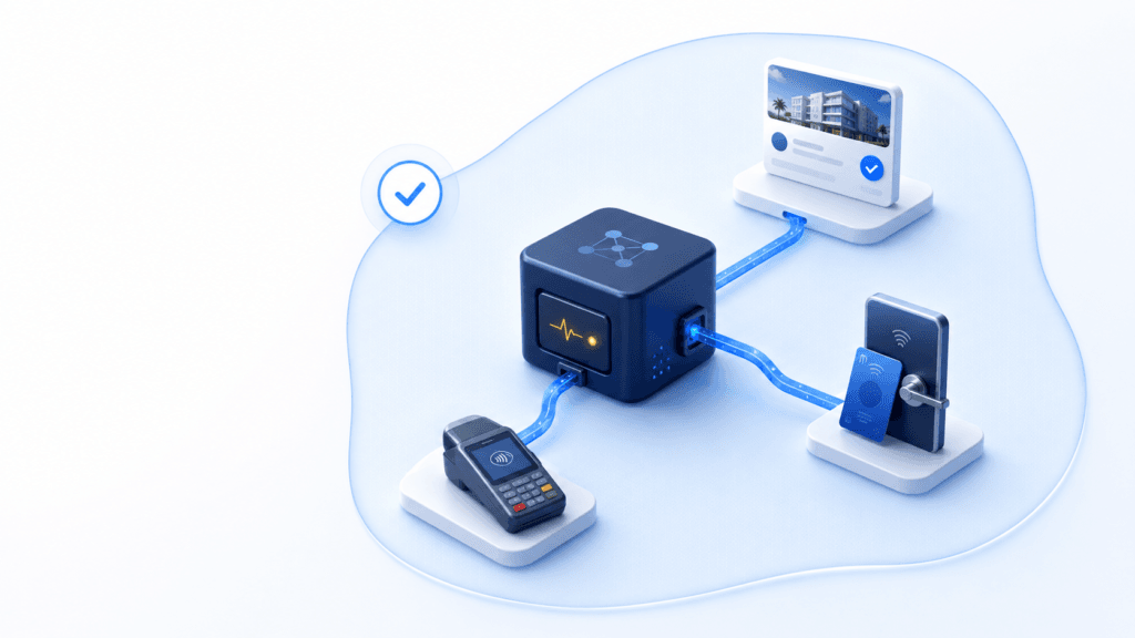 A hospitality integration gateway linked to booking, room-key, and POS services within its visible blast radius.