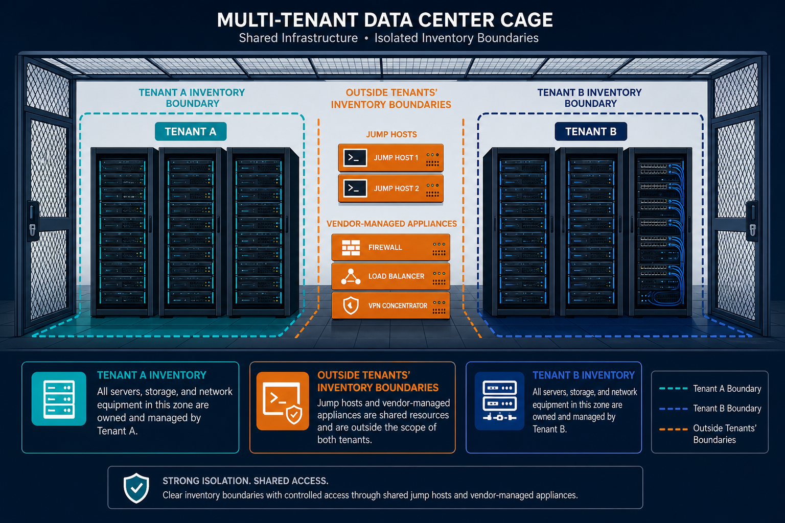 Multi-tenant data center cage with jump hosts and vendor-managed appliances outside either inventory cluster
