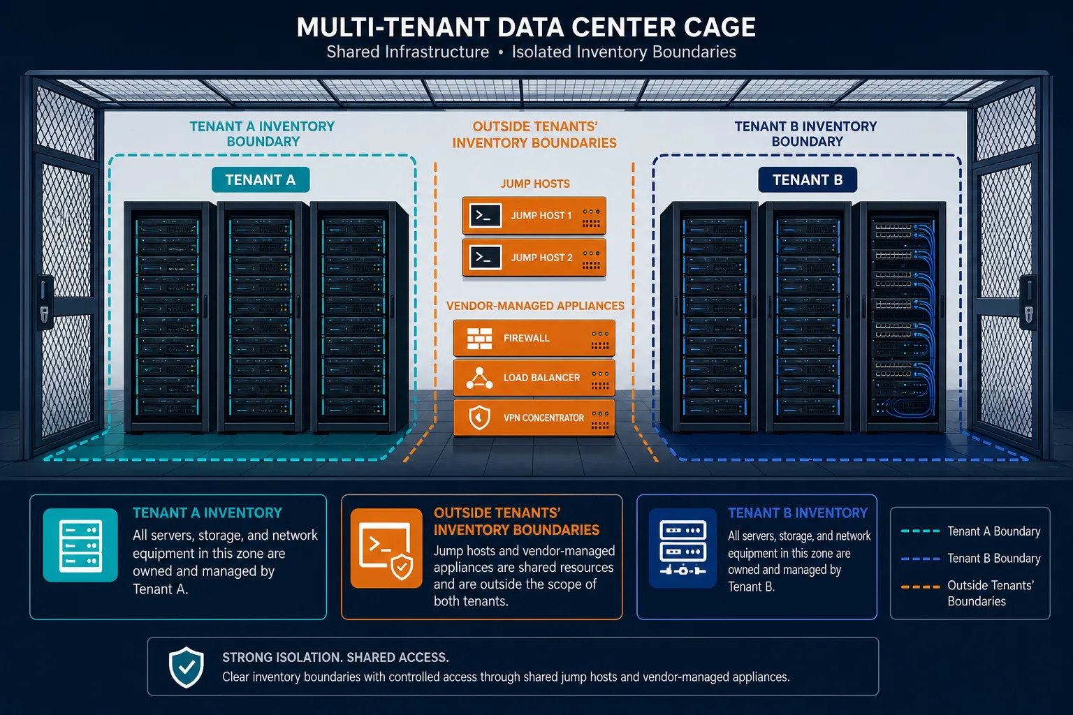 Multi-tenant data center cage with jump hosts and vendor-managed appliances outside either inventory cluster