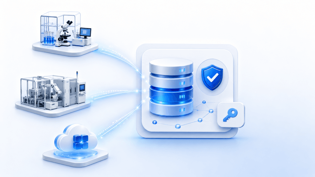 Laboratory, manufacturing, and cloud systems feeding a verified pharmaceutical software asset inventory.