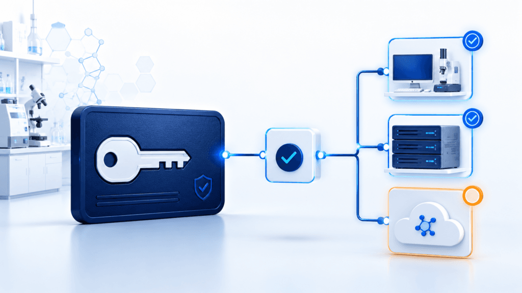 Software entitlements reconciled against pharmaceutical laboratory, server, and cloud application deployments.