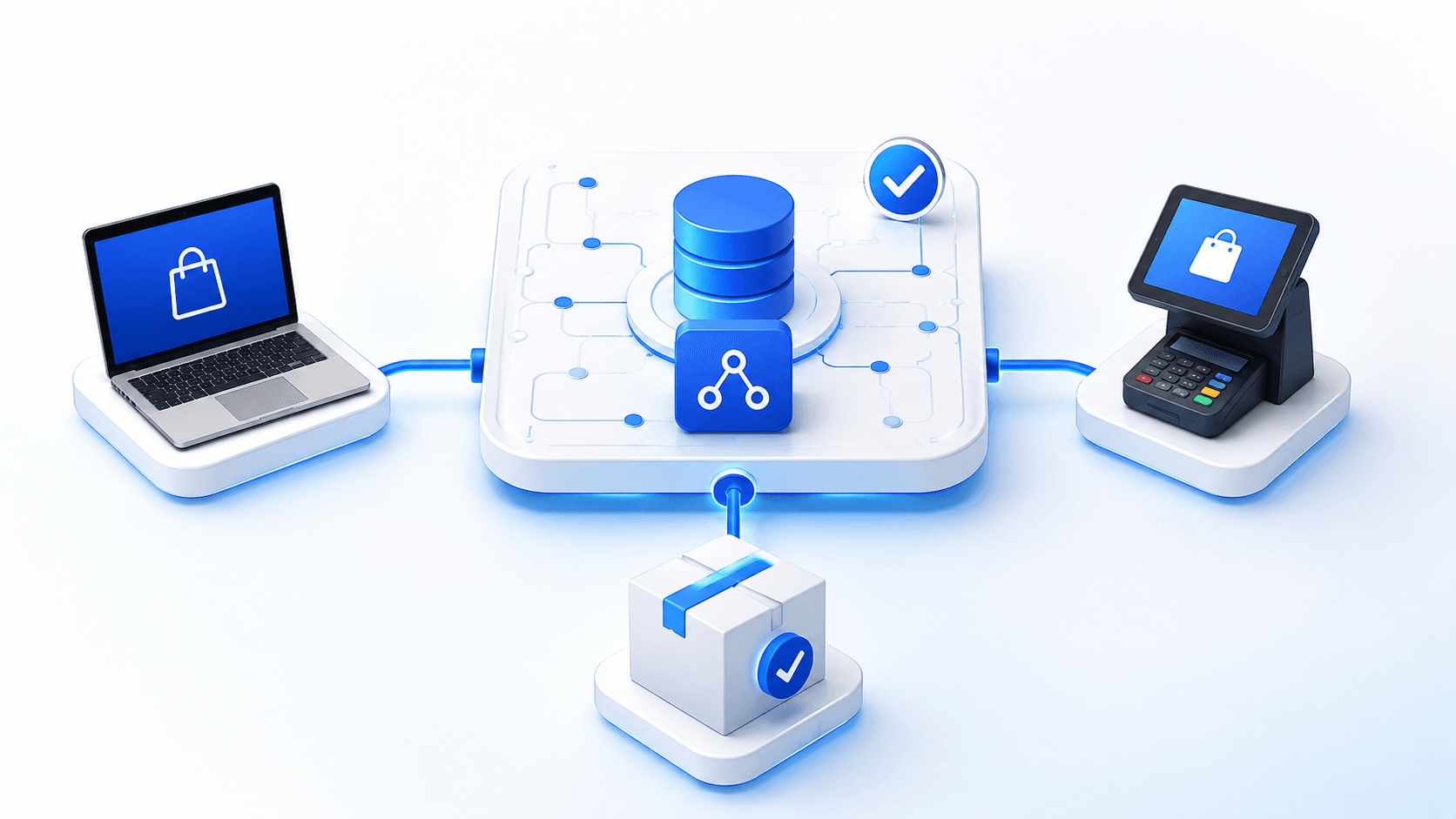 Online checkout, store POS, and inventory systems connected through a centralized IT service map.