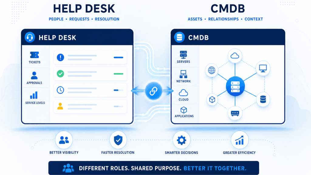 CMDB BESIDE HELP DESK FOR MID-SIZE IT WORKS WHEN BOTH SYSTEMS KNOW THEIR JOB